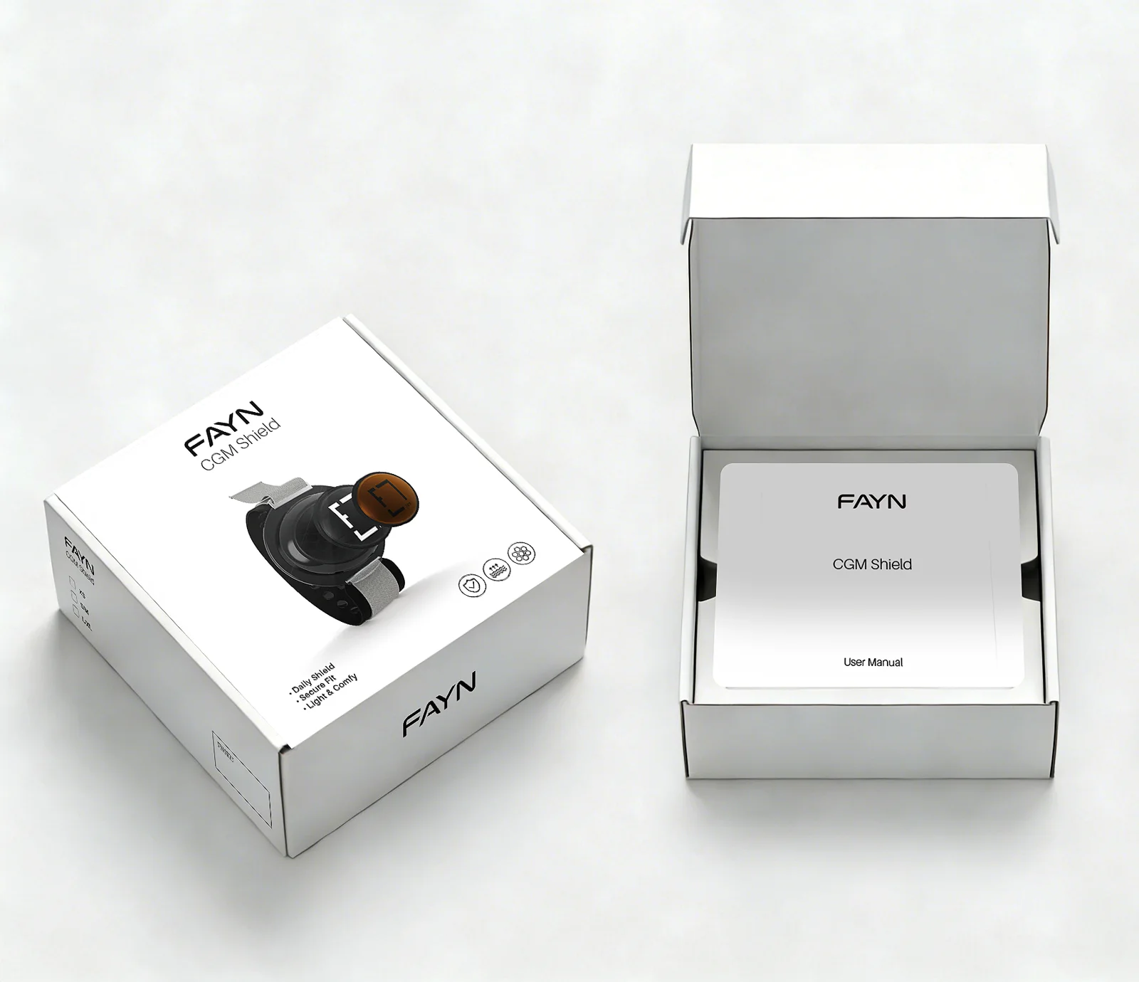 Fayn CGM Shield retail box, shown closed and open with the user manual card inside