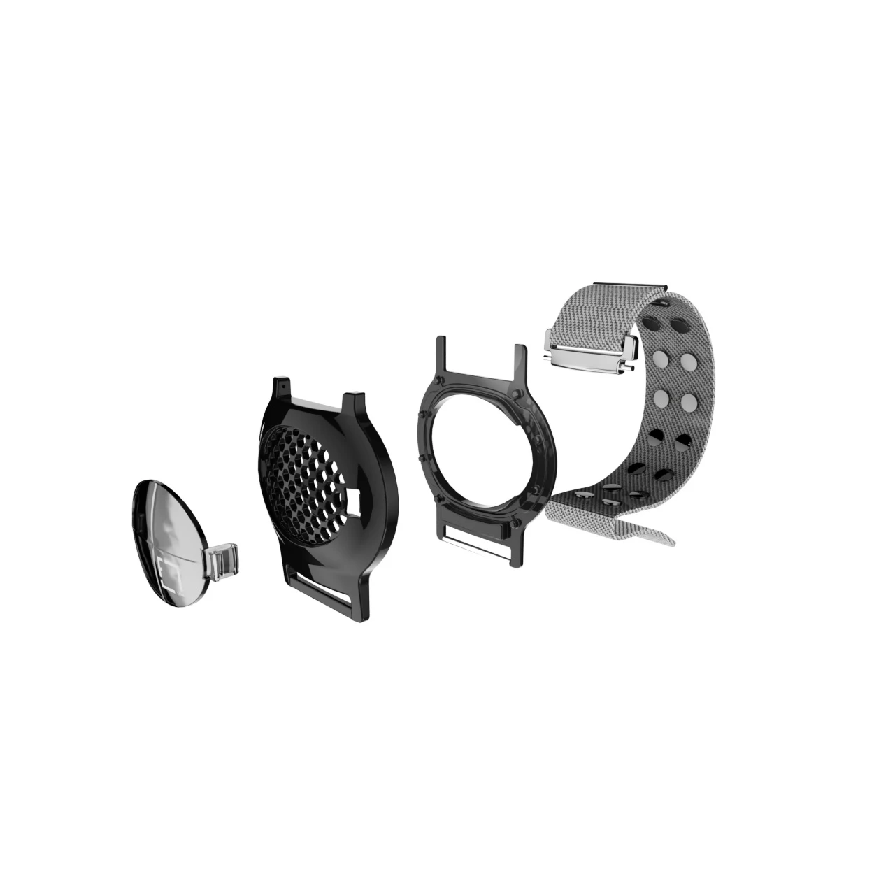 Exploded view of the Fayn CGM Shield: top cover, honeycomb shell, frame, and strap