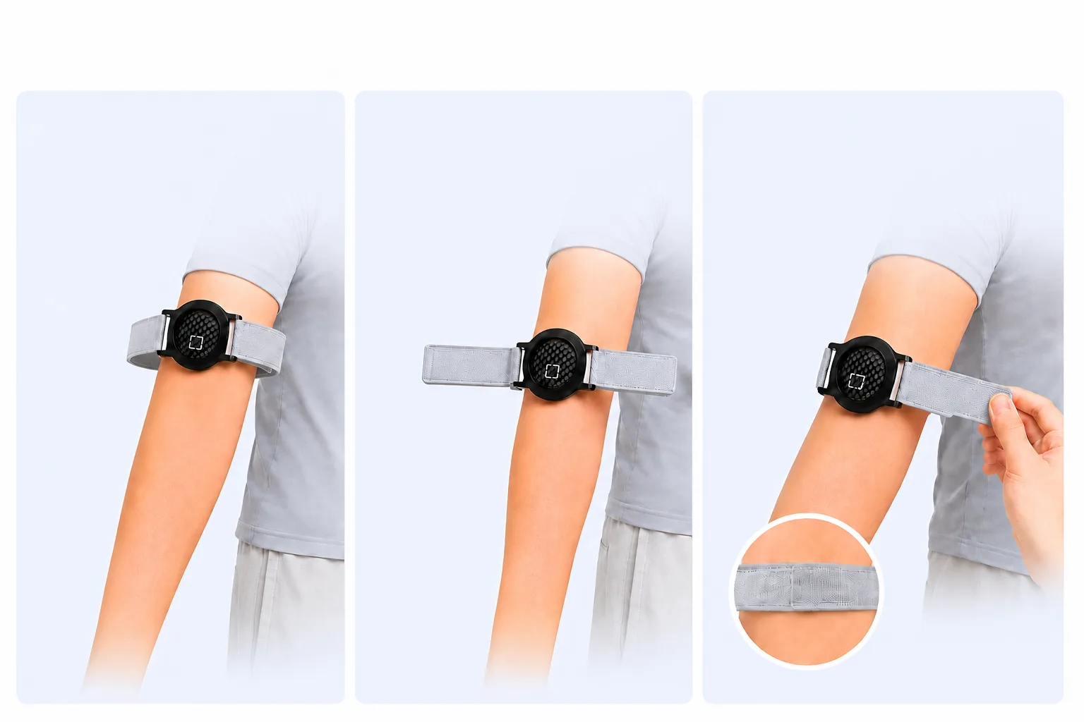 Three steps: slide the band onto your arm, align the shield over the sensor, tighten the strap